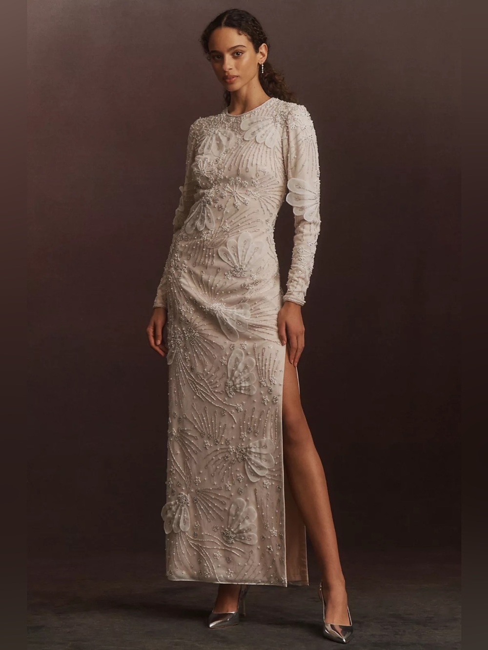 Anthropologie BHLDN Long-Sleeve Beaded Floral Maxi Dress Ivory NWT XL